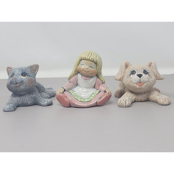Vintage Ceramic Figurines Set Of 3: Girl With Dog & Cat Collectible Home Decor - Picture 2 of 10